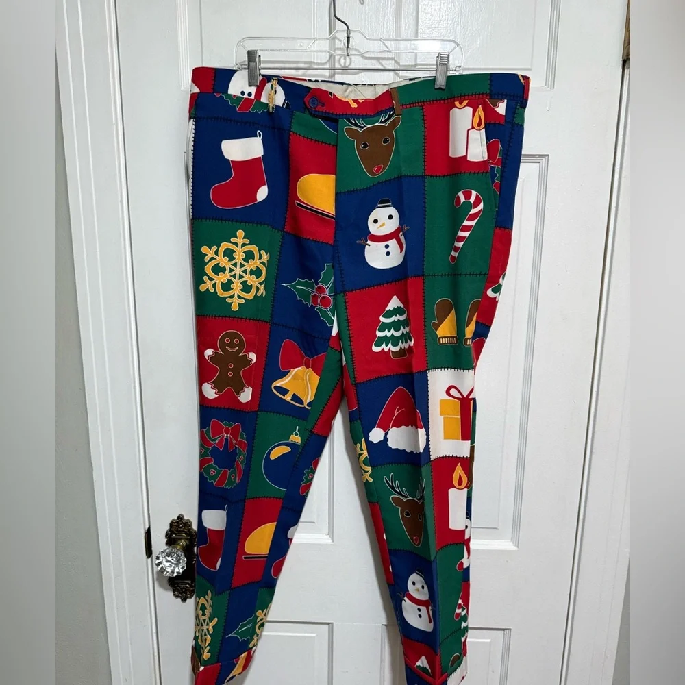 Mens Christmas Suit Pants Size 52 Opposuits Santa Holiday Wreath Snowman Tree